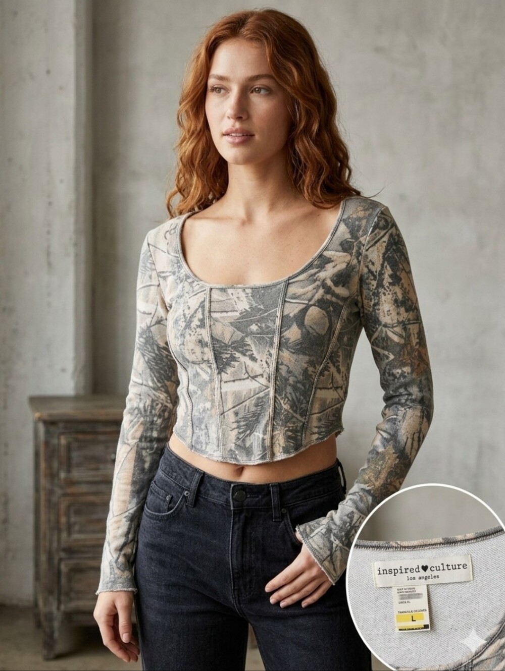 Sage Printed Scoop-Neck Crop Top